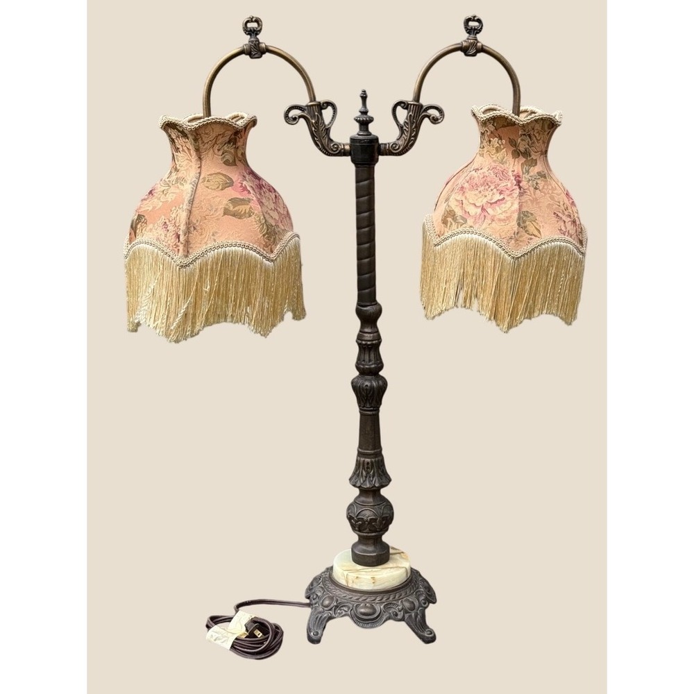 Vintage Double Arm Table Lamp Bronze Floral Fringe Shades Alabaster Base 2 Light